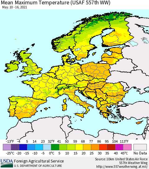 Europe Mean Maximum Temperature (USAF 557th WW) Thematic Map For 5/10/2021 - 5/16/2021