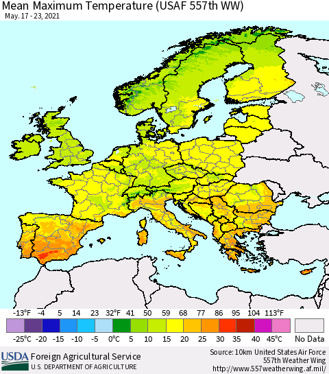 Europe Mean Maximum Temperature (USAF 557th WW) Thematic Map For 5/17/2021 - 5/23/2021