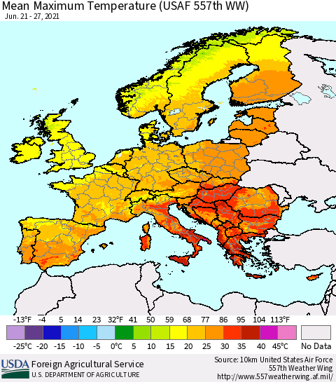 Europe Mean Maximum Temperature (USAF 557th WW) Thematic Map For 6/21/2021 - 6/27/2021