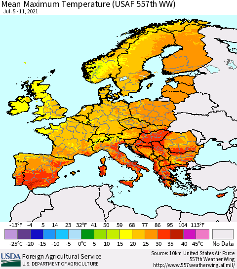 Europe Mean Maximum Temperature (USAF 557th WW) Thematic Map For 7/5/2021 - 7/11/2021