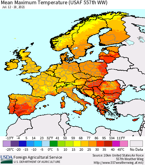 Europe Mean Maximum Temperature (USAF 557th WW) Thematic Map For 7/12/2021 - 7/18/2021