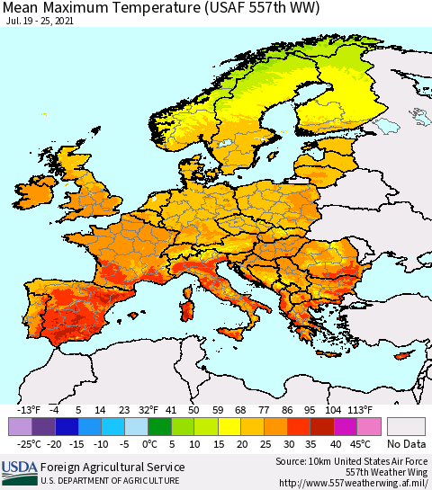 Europe Mean Maximum Temperature (USAF 557th WW) Thematic Map For 7/19/2021 - 7/25/2021