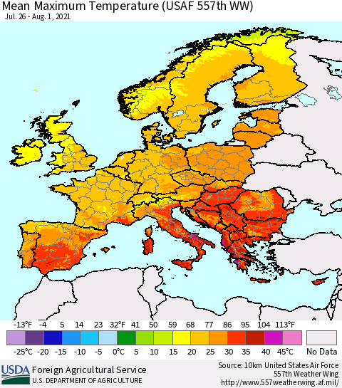 Europe Mean Maximum Temperature (USAF 557th WW) Thematic Map For 7/26/2021 - 8/1/2021