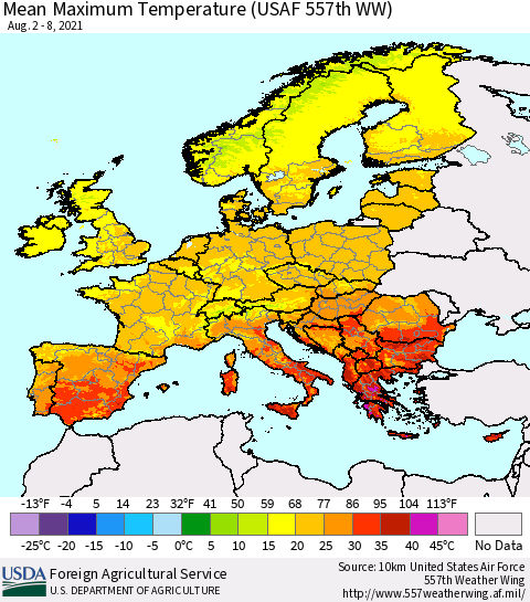 Europe Mean Maximum Temperature (USAF 557th WW) Thematic Map For 8/2/2021 - 8/8/2021