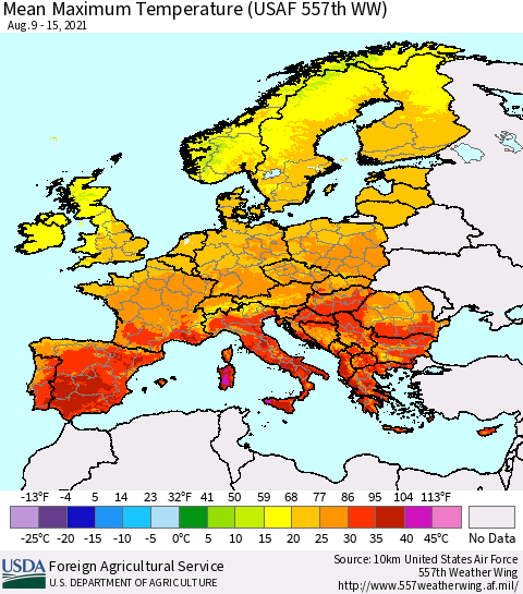 Europe Mean Maximum Temperature (USAF 557th WW) Thematic Map For 8/9/2021 - 8/15/2021