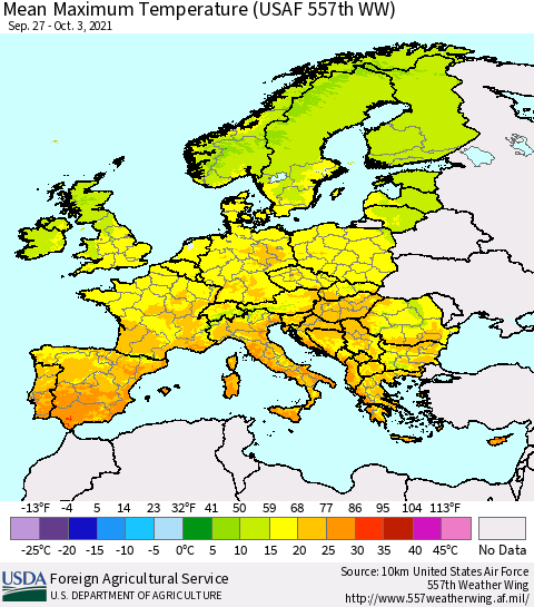 Europe Mean Maximum Temperature (USAF 557th WW) Thematic Map For 9/27/2021 - 10/3/2021