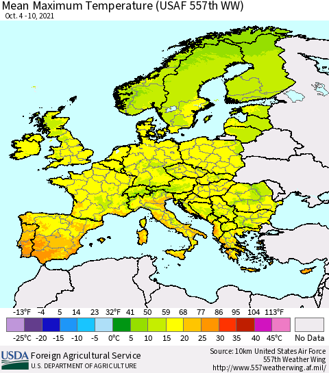 Europe Mean Maximum Temperature (USAF 557th WW) Thematic Map For 10/4/2021 - 10/10/2021