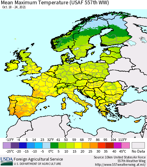 Europe Mean Maximum Temperature (USAF 557th WW) Thematic Map For 10/18/2021 - 10/24/2021