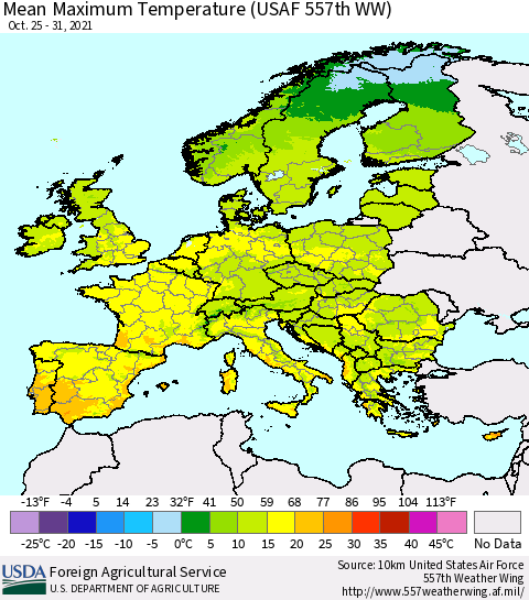 Europe Mean Maximum Temperature (USAF 557th WW) Thematic Map For 10/25/2021 - 10/31/2021