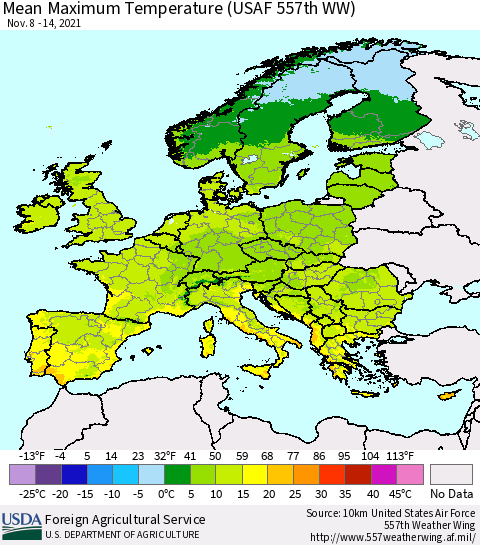 Europe Mean Maximum Temperature (USAF 557th WW) Thematic Map For 11/8/2021 - 11/14/2021