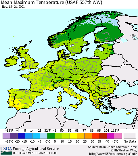 Europe Mean Maximum Temperature (USAF 557th WW) Thematic Map For 11/15/2021 - 11/21/2021