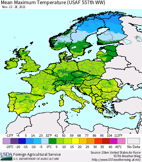 Europe Mean Maximum Temperature (USAF 557th WW) Thematic Map For 11/22/2021 - 11/28/2021