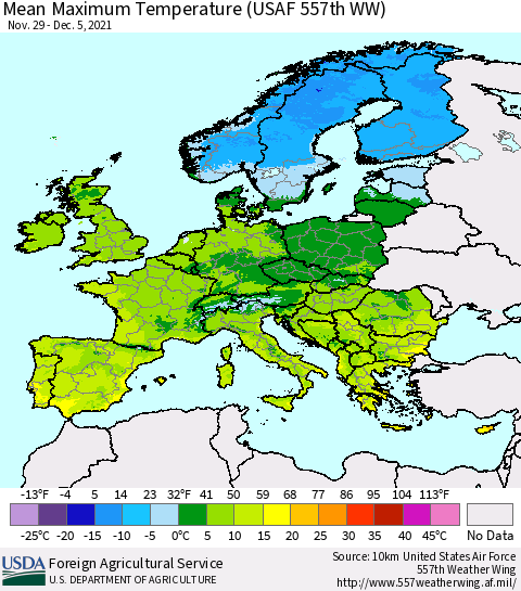 Europe Mean Maximum Temperature (USAF 557th WW) Thematic Map For 11/29/2021 - 12/5/2021