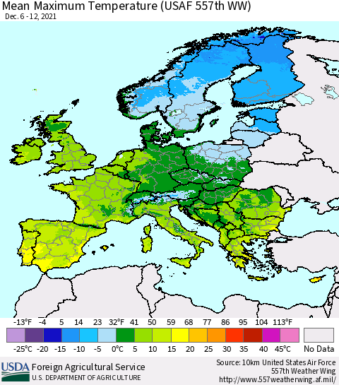 Europe Mean Maximum Temperature (USAF 557th WW) Thematic Map For 12/6/2021 - 12/12/2021