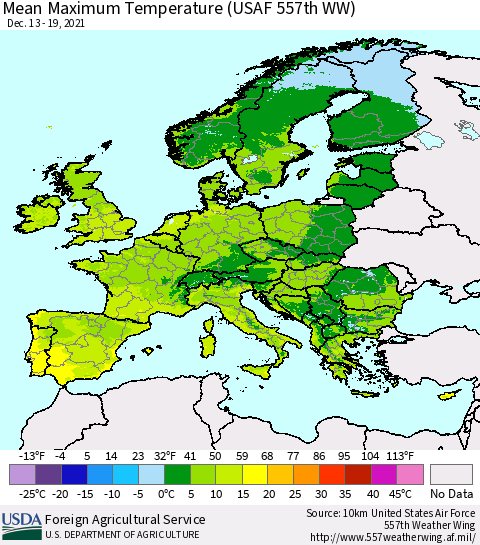 Europe Mean Maximum Temperature (USAF 557th WW) Thematic Map For 12/13/2021 - 12/19/2021