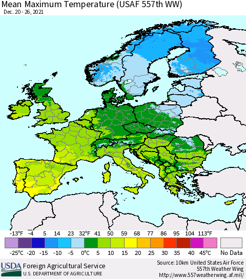 Europe Mean Maximum Temperature (USAF 557th WW) Thematic Map For 12/20/2021 - 12/26/2021