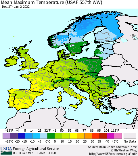 Europe Mean Maximum Temperature (USAF 557th WW) Thematic Map For 12/27/2021 - 1/2/2022