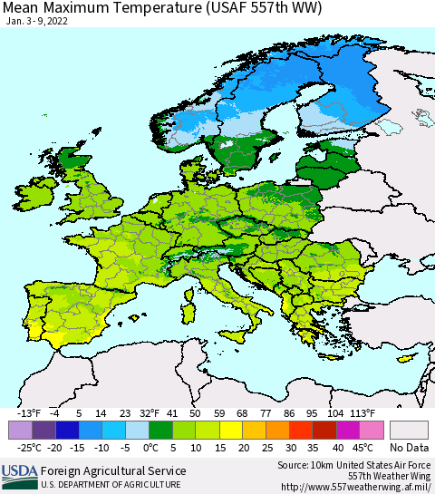 Europe Mean Maximum Temperature (USAF 557th WW) Thematic Map For 1/3/2022 - 1/9/2022