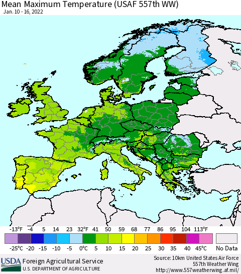 Europe Mean Maximum Temperature (USAF 557th WW) Thematic Map For 1/10/2022 - 1/16/2022