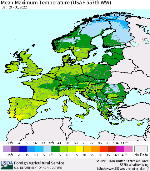 Europe Mean Maximum Temperature (USAF 557th WW) Thematic Map For 1/24/2022 - 1/30/2022