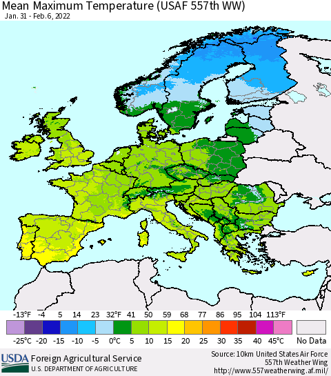 Europe Mean Maximum Temperature (USAF 557th WW) Thematic Map For 1/31/2022 - 2/6/2022