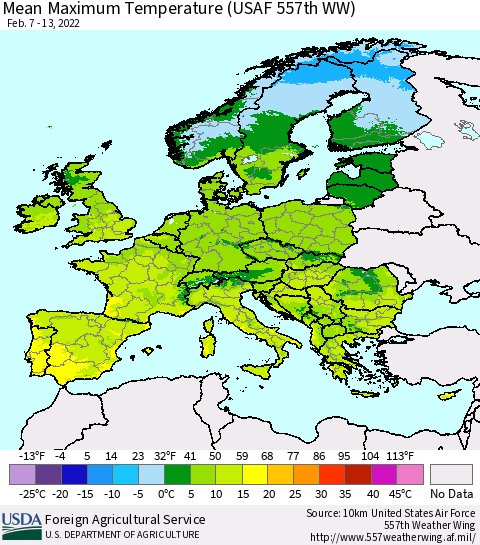 Europe Mean Maximum Temperature (USAF 557th WW) Thematic Map For 2/7/2022 - 2/13/2022