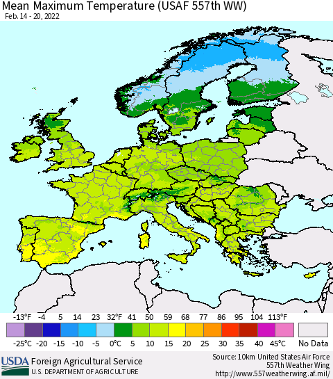 Europe Mean Maximum Temperature (USAF 557th WW) Thematic Map For 2/14/2022 - 2/20/2022