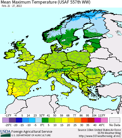 Europe Mean Maximum Temperature (USAF 557th WW) Thematic Map For 2/21/2022 - 2/27/2022