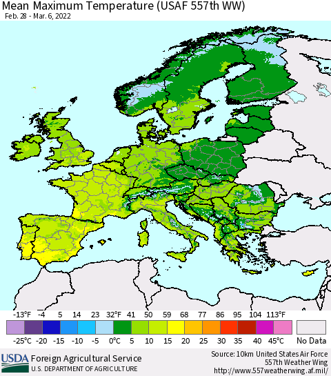 Europe Mean Maximum Temperature (USAF 557th WW) Thematic Map For 2/28/2022 - 3/6/2022