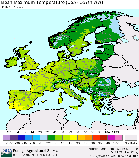 Europe Mean Maximum Temperature (USAF 557th WW) Thematic Map For 3/7/2022 - 3/13/2022