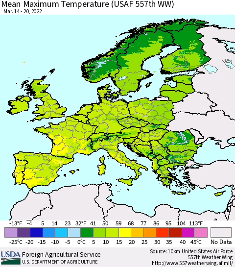 Europe Mean Maximum Temperature (USAF 557th WW) Thematic Map For 3/14/2022 - 3/20/2022