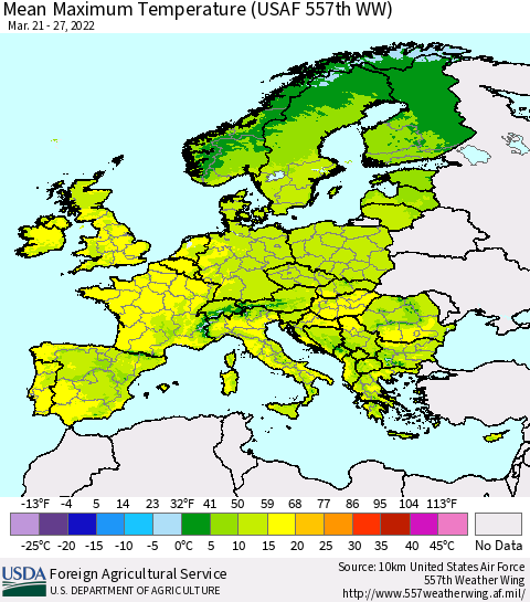 Europe Mean Maximum Temperature (USAF 557th WW) Thematic Map For 3/21/2022 - 3/27/2022