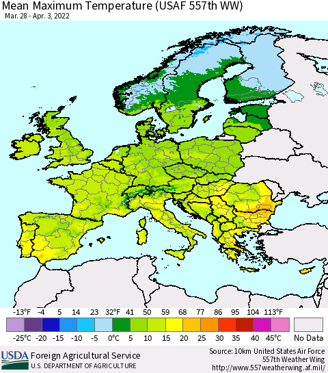 Europe Mean Maximum Temperature (USAF 557th WW) Thematic Map For 3/28/2022 - 4/3/2022