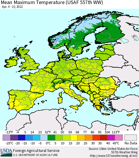 Europe Mean Maximum Temperature (USAF 557th WW) Thematic Map For 4/4/2022 - 4/10/2022