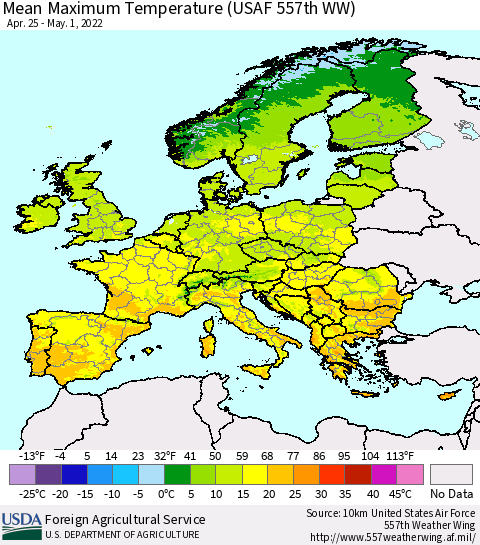 Europe Mean Maximum Temperature (USAF 557th WW) Thematic Map For 4/25/2022 - 5/1/2022