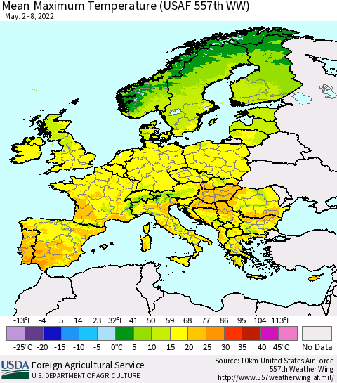 Europe Mean Maximum Temperature (USAF 557th WW) Thematic Map For 5/2/2022 - 5/8/2022