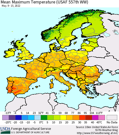 Europe Mean Maximum Temperature (USAF 557th WW) Thematic Map For 5/9/2022 - 5/15/2022