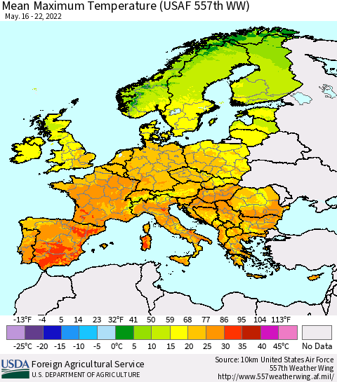 Europe Mean Maximum Temperature (USAF 557th WW) Thematic Map For 5/16/2022 - 5/22/2022