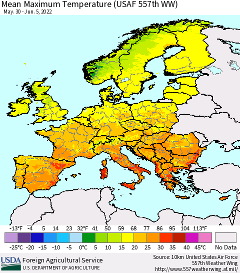 Europe Mean Maximum Temperature (USAF 557th WW) Thematic Map For 5/30/2022 - 6/5/2022