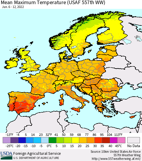 Europe Mean Maximum Temperature (USAF 557th WW) Thematic Map For 6/6/2022 - 6/12/2022