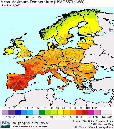 Europe Mean Maximum Temperature (USAF 557th WW) Thematic Map For 6/13/2022 - 6/19/2022