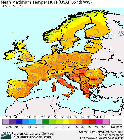 Europe Mean Maximum Temperature (USAF 557th WW) Thematic Map For 6/20/2022 - 6/26/2022