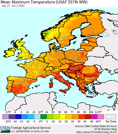 Europe Mean Maximum Temperature (USAF 557th WW) Thematic Map For 6/27/2022 - 7/3/2022