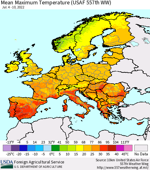 Europe Mean Maximum Temperature (USAF 557th WW) Thematic Map For 7/4/2022 - 7/10/2022