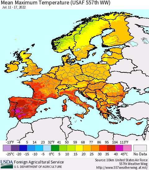 Europe Mean Maximum Temperature (USAF 557th WW) Thematic Map For 7/11/2022 - 7/17/2022