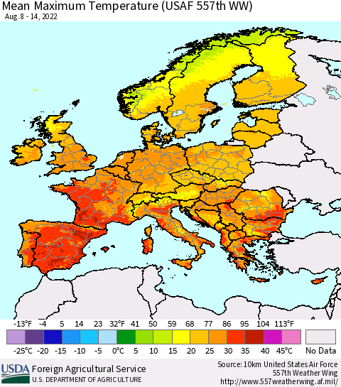 Europe Mean Maximum Temperature (USAF 557th WW) Thematic Map For 8/8/2022 - 8/14/2022