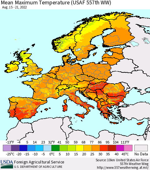 Europe Mean Maximum Temperature (USAF 557th WW) Thematic Map For 8/15/2022 - 8/21/2022