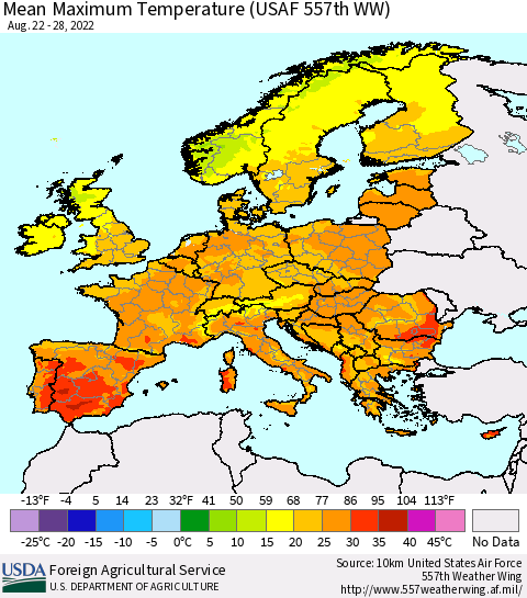 Europe Mean Maximum Temperature (USAF 557th WW) Thematic Map For 8/22/2022 - 8/28/2022