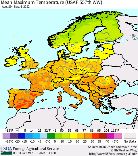 Europe Mean Maximum Temperature (USAF 557th WW) Thematic Map For 8/29/2022 - 9/4/2022
