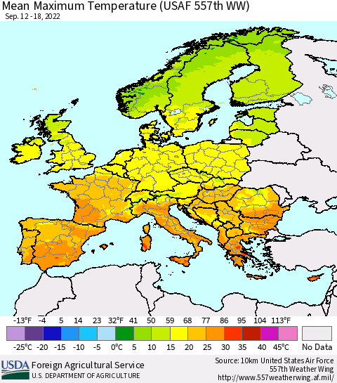 Europe Mean Maximum Temperature (USAF 557th WW) Thematic Map For 9/12/2022 - 9/18/2022